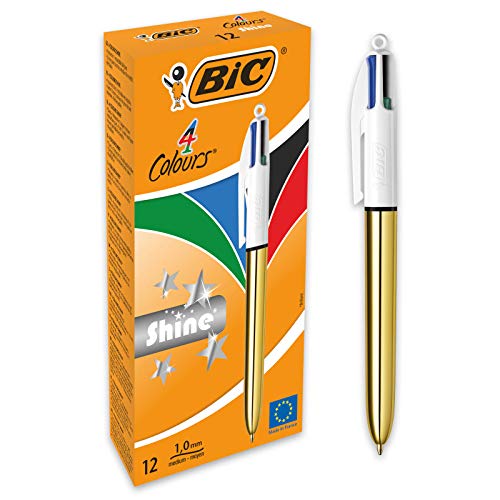 BIC 4 Farben Kugelschreiber Set 4 Colours Shine, Schaft in Gold, 12er Pack, Ideal für das Büro, das Home Office oder die Schule von BIC
