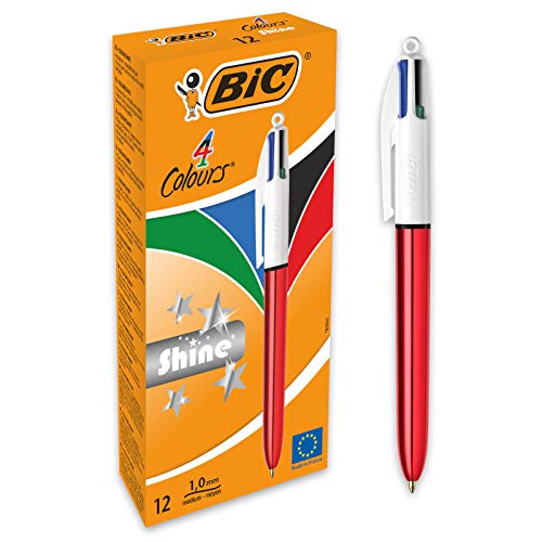 BIC 4 Farben Kugelschreiber Set 4 Colours Shine, Schaft in metallic rot, 12er Pack, Ideal für das Büro, das Home Office oder die Schule von BIC