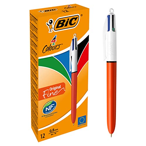 BIC 4 Farben Kugelschreiber Set 4 Colours Fine, dokumentenecht und nachfüllbar, 12er Pack, Ideal für das Büro, das Home Office oder die Schule von BIC
