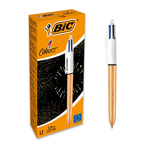 BIC 4 Farben Kugelschreiber, mittlere Spitze (1,0 mm) – Korpus strukturiert, goldfarben, elfenbeinfarben, 12 Stück von BIC