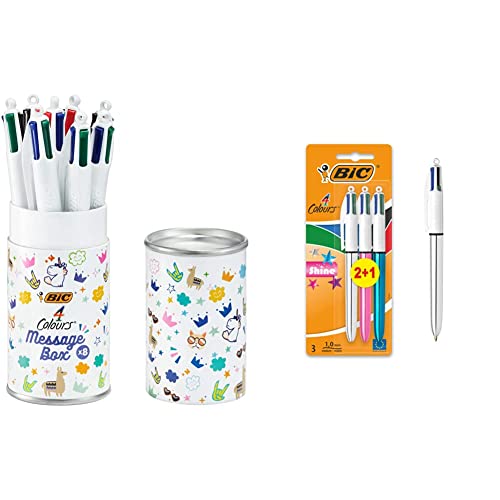 BIC 4 Farben Kugelschreiber Set 4 Colours, 8er Stifte Set in verschiedenem Design, Ideal als Geschenk, Message Box & 4 Colour Shine Kugelschreiber, 2er-Pack plus 1 Stück gratis,farblich sortiert von BIC