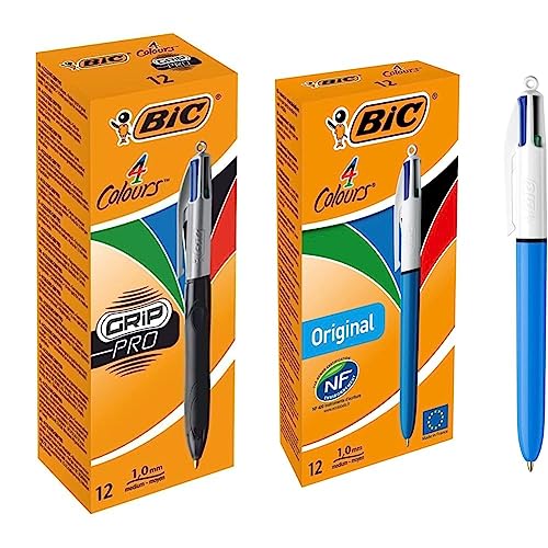 BIC 4 Farben Kugelschreiber Set 4 Colours Grip Pro, mit gummierter Griff-Fläche, 12er Pack, Ideal für das Büro, das Home Office & 4 Farben Kugelschreiber Set 4 Colours Original, 12er Pack von BIC