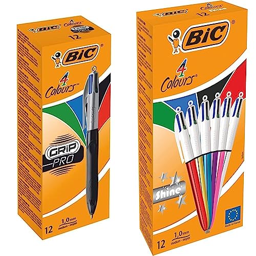 BIC 4 Farben Kugelschreiber Set 4 Colours Grip Pro, mit gummierter Griff-Fläche, 12er Pack & 4 Farben Kugelschreiber Set 4 Colours Shine, in verschiedenen Farben, 12er Pack, Ideal für das Büro von BIC