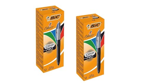 BIC 4 Farben Kugelschreiber Set 4 Colours Grip Pro, mit gummierter Griff-Fläche, 2 x 12er Pack, Ideal für das Büro, das Home Office oder die Schule von BIC