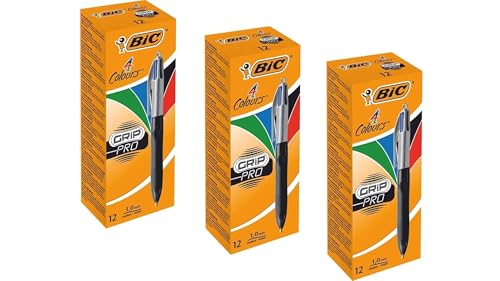 BIC 4 Farben Kugelschreiber Set 4 Colours Grip Pro, mit gummierter Griff-Fläche, 3 x 12er Pack, Ideal für das Büro, das Home Office oder die Schule von BIC