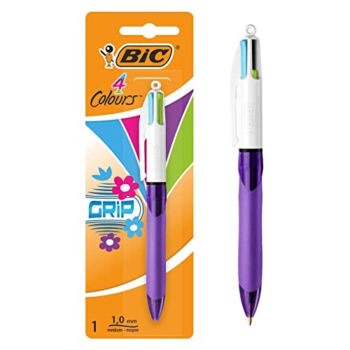 BIC 4 Farben Kugelschreiber Set 4 Colours Grip Pro Fun, mit gummierter Griff-Fläche, 1er Pack, Ideal für das Büro, das Home Office oder die Schule von BIC