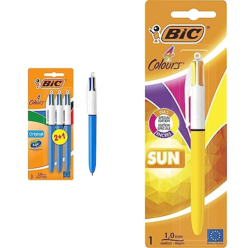 BIC 4 Farben Kugelschreiber Set 4 Colours Original, 3er Pack, Ideal für das Büro, das Home Office oder die Schule & 4 Farben Kugelschreiber 4 Colours Sun, Special Edition, 1er Pack, Ideal für das Büro von BIC