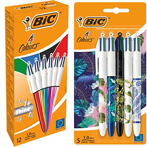 BIC 4 Farben Kugelschreiber Set 4 Colours Shine in verschiedenen Farben, 12er Pack & 4 Farben Kugelschreiber Set 4 Colours, Dekor Botantik -verschiedene Designs, 5er Pack von BIC