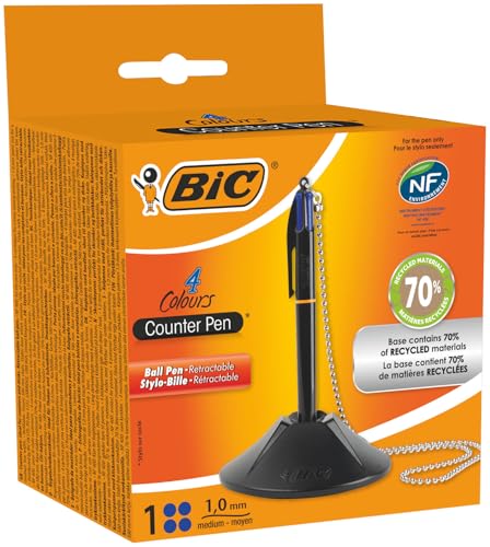 BIC 4 Farben Kugelschreiber mit Kette & Ständer 4 Colours Counter Pen, austauschbare Mienen, Ideal für das Büro, 1 Stück (1er Pack) von BIC