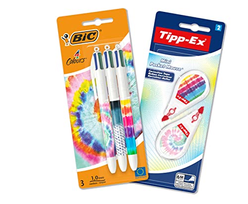 BIC 4 Colours 4 Farben Kugelschreiber und Tipp-Ex Korrekturroller Schreibwaren Set, in Tie Dye Batik Optik, 3 Stifte und 2 Korrekturmäuse von BIC