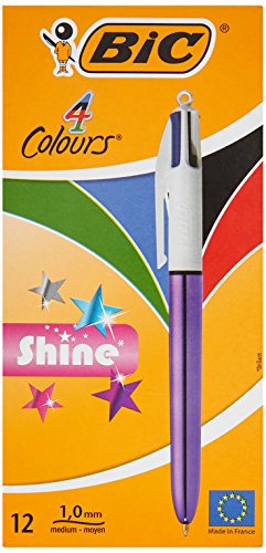 BIC 4 Farben Kugelschreiber 4 Colours Shine, Schaft in metallic lila, 12er Pack, Ideal für das Büro, das Home Office oder die Schule von Bic