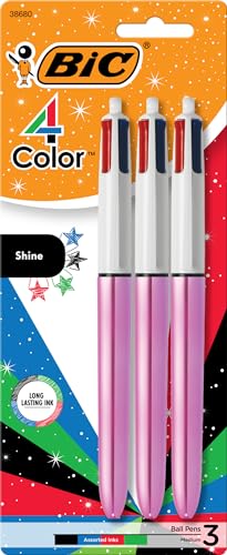 BIC 4-farbiger Glanz-Kugelschreiber, rosa Schaft, mittlere Spitze (1,0 mm), verschiedene Tinten, 3 Stück von BIC