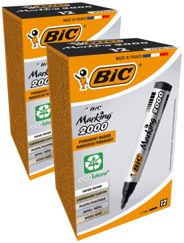 BIC 8209153 Marking 2000 Permanent Marker, in Schwarz, Wasserfester Stift für Glas, Metall, Holz und Co, Strichstärke 1,7 mm, 2x 12er Pack von BIC
