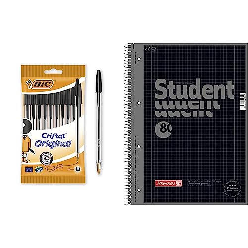BIC 830864 Kugelschreiber Cristal Medium & Brunnen 1067928190 Notizblock/Collegeblock Student Colour Code (A4 kariert, Lineatur 28, 90 g/m², 80 Blatt) schwarz von BIC