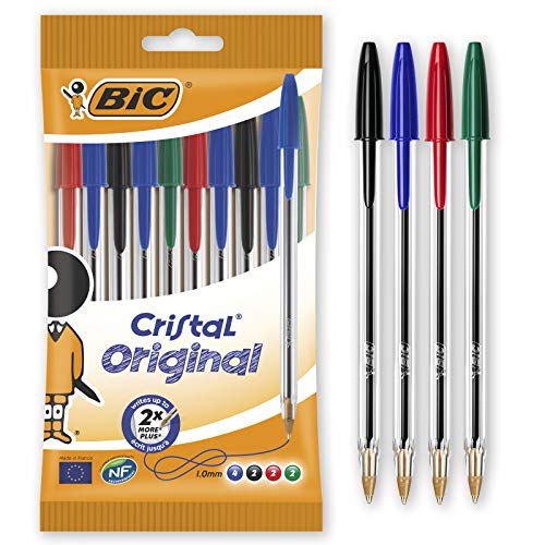 BIC 830865 Cristal Original, 10er Kugelschreiber-Set, Kulis mit blauer, schwarzer, roter und grüner Farbmine von BIC