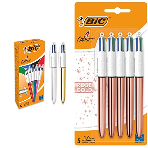 BIC 964775 Kugelschreiber 4 Colours Shine in verschiedenen Farben, 12er Pack & 500847 4 Farben Kugelschreiber 4 Colours Rose Gold, 5er Pack, Strichstärke 0,4 mm, Ideal für das Büro, das Home Office von BIC