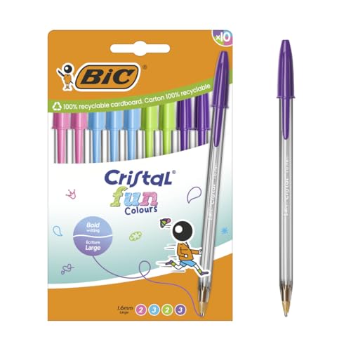 BIC Cristal Fun farbige Kugelschreiber mit breiter Spitze (1,6 mm), verschiedene Farben, 10 Stück von BIC