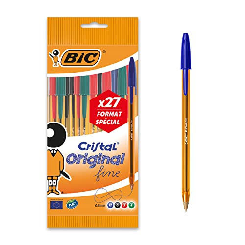 BIC Cristal Kugelschreiber F-Spitze, orangefarbener Schaft, farblich sortiert, 27 Stück von BIC