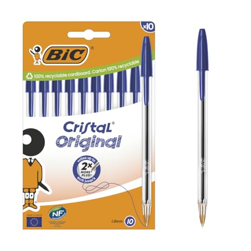 BIC Cristal Original Kugelschreiber mit mittlerer Spitze (1,00 mm), sechseckigem Schaft und passender Kappe – Blau, Kartonschachtel à 10 von BIC