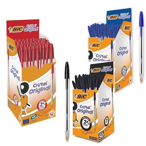 BIC Cristal Original Kugelschreiber Bundle – 150 Stück (50x Blau + 50x Schwarz + 50x Rot) – 0,4 mm, feine Spitze – Ideal für Schule, Büro & Home Office von BIC