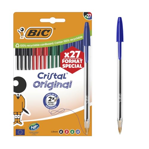 BIC Cristal Original-Kugelschreiber mit mittlerer Spitze (1,00 mm), verschiedene Tintenfarben, 27 Stück von BIC