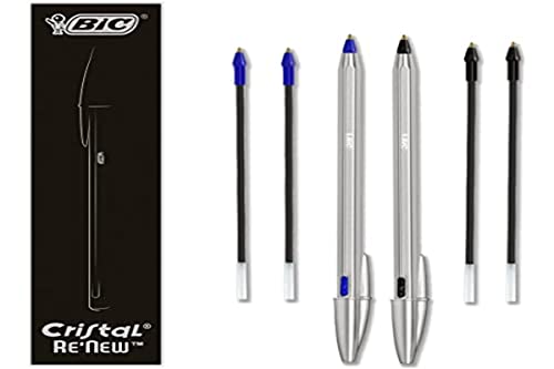 BIC Cristal Re'New Gift Box, nachfüllbarer Kugelschreiber aus Metall, Blau und Schwarz, 2 Stifte + 4 Ersatzminen, für Schule und Büro von BIC