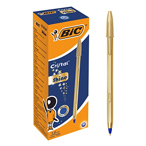 BIC 9213401 Cristal Shine, 20 Kugelschreiber, Edler Kuli in Gold, Mit blauer dokumentenechter Tinte, Ideal als Büroartikel von BIC