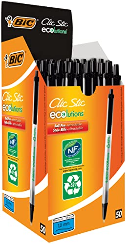 BIC 8806871 Druckkugelschreiber ECOlutions Clic Stic – Schwarzer Recycling Kugelschreiber mit Öko-Label Zertifizierung – Schachtel à 50 Stück von BIC