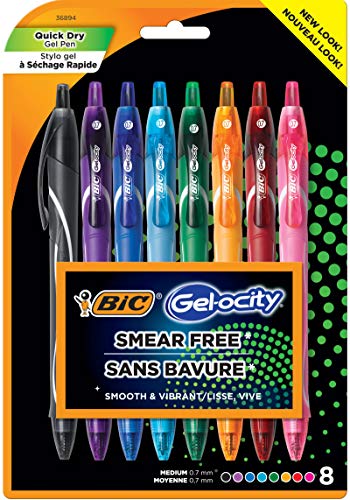 BIC Gel-ocity Quick Dry (Dries Up To 3x Faster) SUPER BRIGHT COLORS 8 Pack, Smear Free, Assorted Colors Retractable Gel Pens, Medium Point (0.7mm), Colorful Pens for adults Women & Men. von BIC