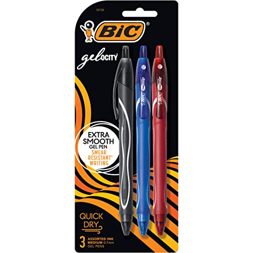 BIC Gel-ocity Quick Dry Retractable Gel Pen, Medium Point, 0.7 mm, Assorted Colors, 3-Count von BIC