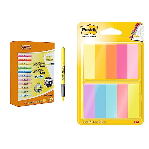 BIC Highlighter, Textmarker, 24er Pack & Post-it Notes Marker, Packung mit 10 Blöcken, 50 Marker pro Block von BIC