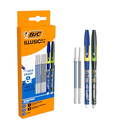 BIC Illusion Kugelschreiber, löschbar und nachfüllbar, mittlere Spitze, 0,7 mm, blaue und schwarze Tinte, Box mit 2 Kugelschreibern + 6 Ersatzminen BIC Illusion Kugelschreiber, löschbar und nachfüllbar, mittlere Spitze, 0,7 mm, blaue und schwarze Tinte, Box mit 2 Kugelschreibern + 6 Ersatzminen von BIC