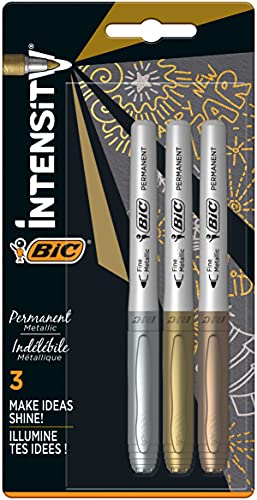 BIC Intensity Marker, in 3 verschiedenen Metallicfarben, Strichstärke: 0.8 mm, mit komfortablem Gummigriff und Austrocknungsschutz, gold/silber/bronze von BIC Intensity