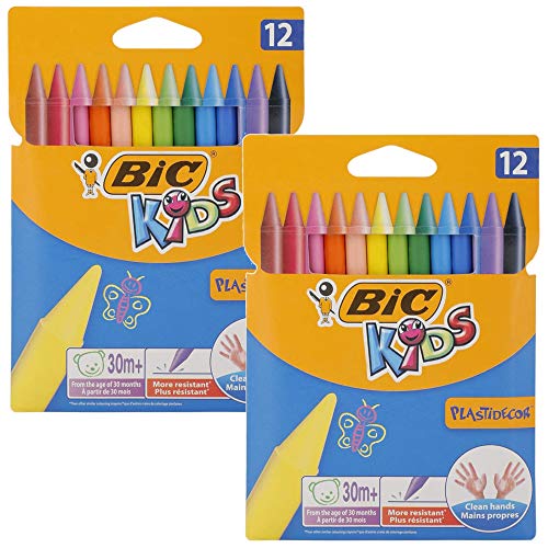 BIC Kids Wachsmalkreide Plastidecor, rund, Etui 12 Stück, 12-farbig sortiert (Schachtel x 12, Doppelpack) von BIC