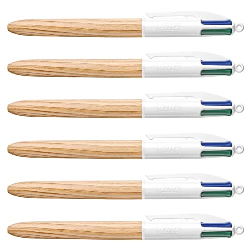BIC Kugelschreiber, 4 Farben, einziehbar, Holz, mittlere Spitze, 6 Stück von BIC