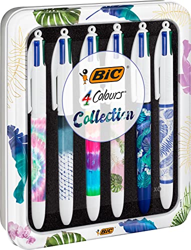 BIC 4 Colours Decors Messages or Botanical Collection und Tie & Dye – Kugelschreiber mittlere Spitze (1,0 mm) – zufällige sortierte Designs, wiederverwendbare Box mit 6 Stück von BIC