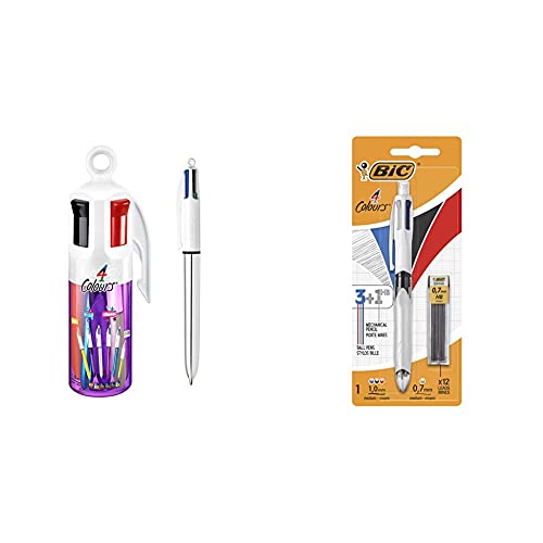 BIC Kugelschreiber 4 Colours, 6er Stifte Set in lila Stiftebecher & 4 Colours, 4-Farb-Druckkugelschreiber inklusive 12 Bleistiftminen, Rot, Blau, Schwarz & Bleistift von BIC