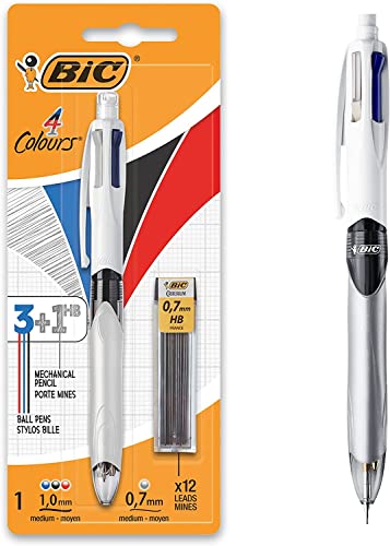BIC 4 Farben Kugelschreiber Set 4 Colours 3+1HB, mit Bleistift, 1er Pack, inkl. 12 Bleistiftminen, Ideal für das Büro, das Home Office oder die Schule von BIC