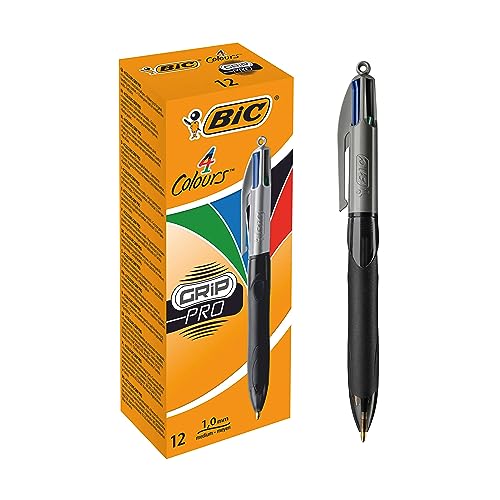 BIC 4 Farben Kugelschreiber Set 4 Colours Grip Pro, mit gummierter Griff-Fläche, 12er Pack, Ideal für das Büro, das Home Office oder die Schule von BIC