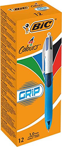 BIC Kugelschreiber 4 Colours Grip mit gummierter Griff-Fläche, 12er Pack, Ideal für das Büro, das Home Office oder die Schule von BIC