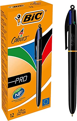 BIC 4 Farben Kugelschreiber Set 4 Colours Pro, mit schwarzem Schaft, 12er Pack, nachfüllbar, Ideal für das Büro, das Home Office oder die Schule von BIC
