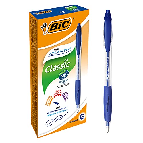 BIC Kugelschreiber Set Atlantis Classic, in Blau, Strichstärke 0,4 mm, nachfüllbar, 12er Pack, Ideal für das Büro, das Home Office oder die Schule von BIC