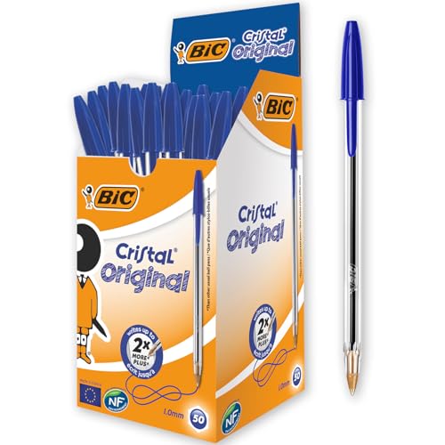 BIC Kugelschreiber Cristal Medium, 50 Kulis in Blau, Strichstärke 0,4 mm, Dokumentenecht, Liegen gut in der Hand von BIC