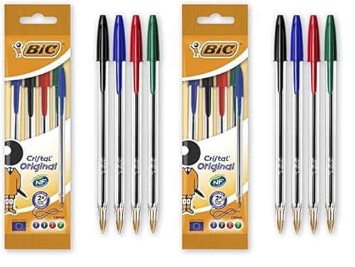 BIC Kugelschreiber Cristal Original (Strichstärke: 0,32 mm und Kugeldurchmesser: 1,0 mm) Beutel à 4 Stück, sortiert (Packung mit 2) von BIC