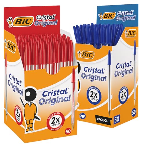 BIC Kugelschreiber Cristal Original Bundle – 100 Stück (50x Rot + 50x Blau) – 0,4mm Strichstärke – Ideal für Büro, Schule & Home Office von BIC