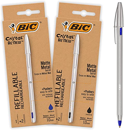 BIC Kugelschreiber Cristal Re'New Metall, 2 hochwertige, nachfüllbare Stifte, nachhaltig, in Blau und Schwarz mit je 2 Ersatzminen, Ideal für das Büro und Home Office BIC Kugelschreiber Cristal Re'New Metall, 2 hochwertige, nachfüllbare Stifte, nachhaltig, in Blau und Schwarz mit je 2 Ersatzminen, Ideal für das Büro und Home Office von BIC Cristal