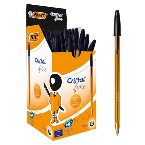 BIC Kugelschreiber Cristal fine – 50 Kulis in Schwarz – Strichstärke: 0,35mm / Kugeldurchmesser: 0,8mm - fein – Dokumentenecht von BIC