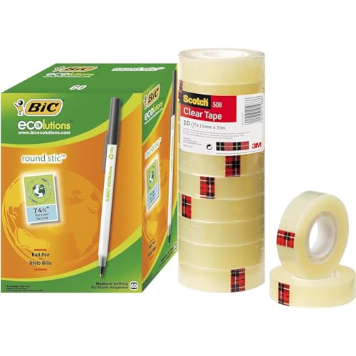 BIC Kugelschreiber ECOlutions Round Stic, in Schwarz & Scotch Transparentes Klebeband 508-10 Rollen - 15mm x 33m - Durchsichtiges Allzweckband für Schule, Heim und Büro von BIC