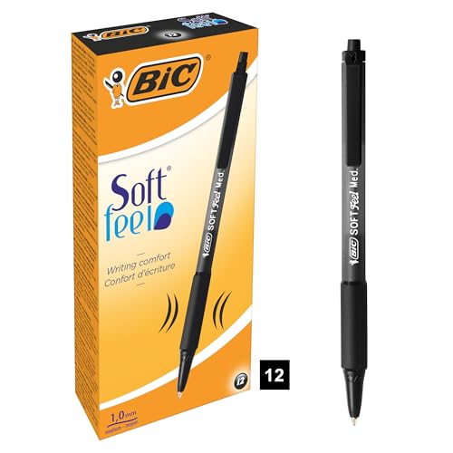 BIC Kugelschreiber Set Soft Feel Clic Grip, in Schwarz, Strichstärke 1.0 mm, 12er Pack, Ideal für das Büro, das Home Office oder die Schule von BIC