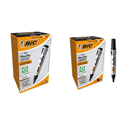 BIC Marking 2000 Permanent Marker, Schwarz, 12 Stück & Marking 2300 Permanent Marker, in Schwarz, Wasserfester Stift auch für Karton, Glas und Kunststoff, Strichstärke 3.7 mm, 12er Pack von BIC